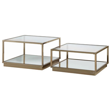 Set of 2, Coffee Table, Elegant Design With Rose Brass Frame With Mirrored Shelf