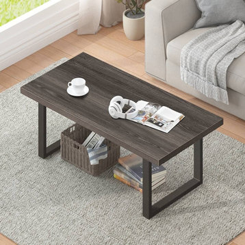 Rustic Coffee Table Wood and Metal Dark Gray Oak, 47 Inch for Living Room
