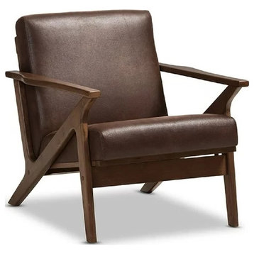 Retro Accent Chair, Open Wooden Frame, Distressed Dark Brown Faux Leather Seat