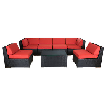 Ohana 7-Piece Deep Seating Sectional Set, Red Sunbrella, Black Wicker