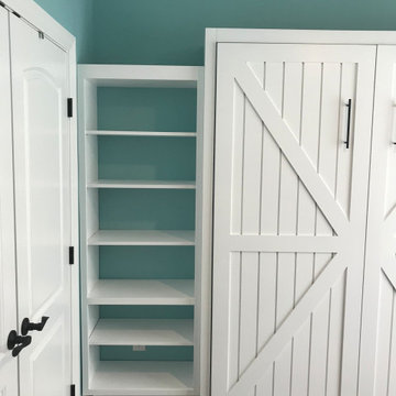 Custom Built Farmhouse Style Vertical Queen Murphy Bed with Side Shelving