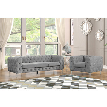 Rebekah 2 Piece Velvet Standard Foam Living Room Set Sofa+Chair, Gray Velvet
