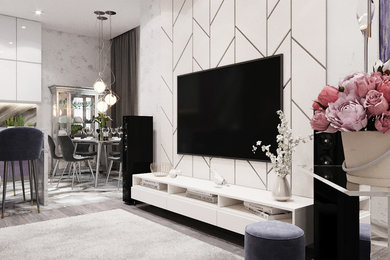 Inspiration for a small contemporary formal and open concept painted wood floor and brown floor living room remodel in Other with beige walls, no fireplace and a wall-mounted tv