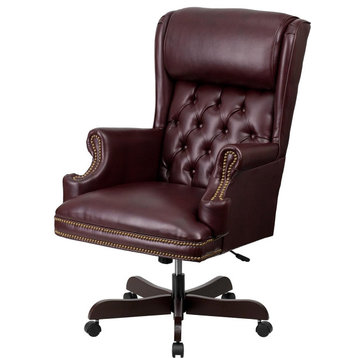 Classic Office Chair, Padded Faux Leather Seat With Button Tufted Back, Burgundy