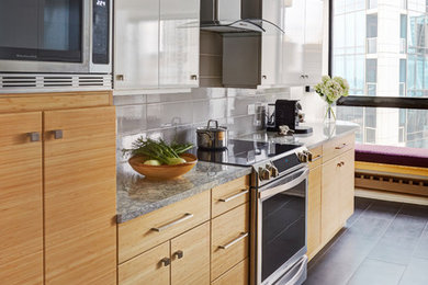 Small minimalist galley porcelain tile enclosed kitchen photo in Chicago with a double-bowl sink, flat-panel cabinets, white cabinets, quartz countertops, gray backsplash, glass tile backsplash, stainless steel appliances and a peninsula