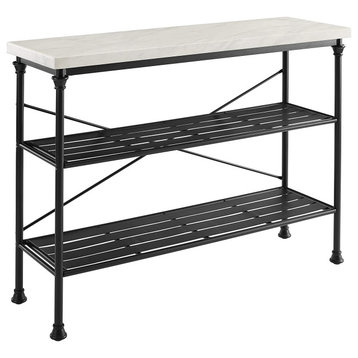 Industrial Console Table, Metal Frame With White Faux Marble Top, Matte Black