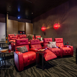 Home theater - large contemporary enclosed carpeted and multicolored floor home theater idea in Dallas with gray walls and a projector screen