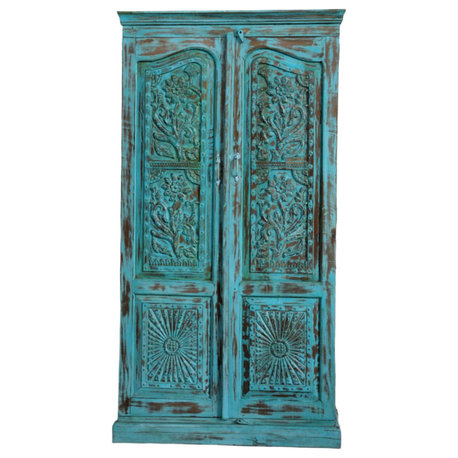 Consigned Antique Armoire Blue Floral Carved Farmhouse Cabinet Wardrobe 80