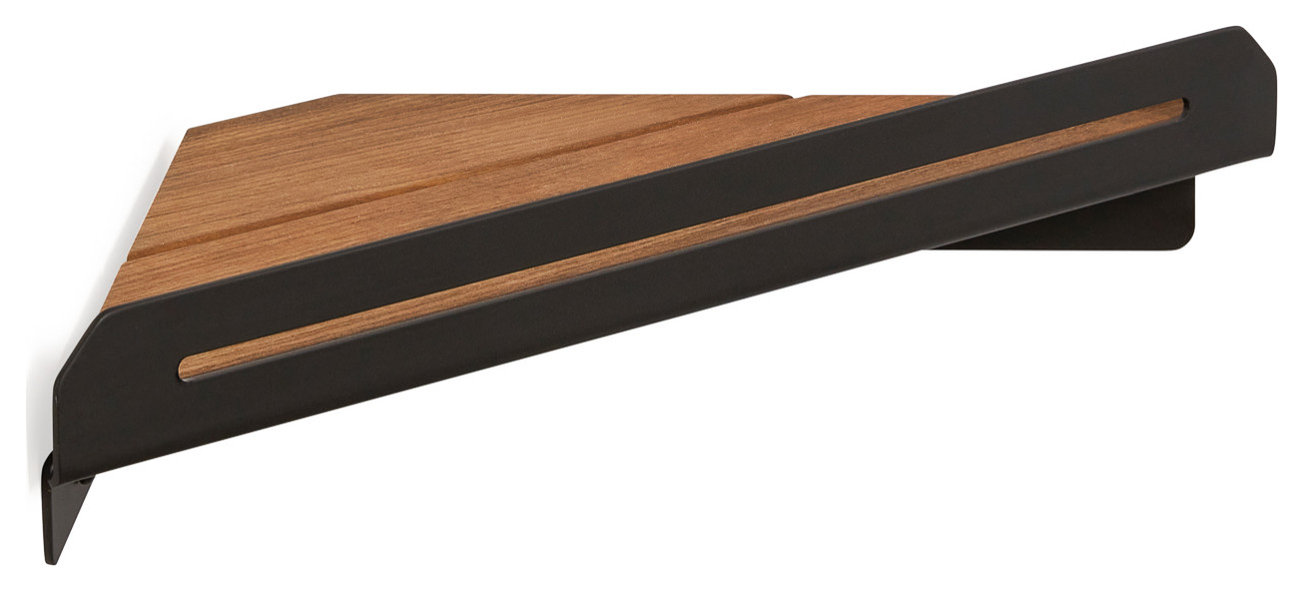 Floating Corner Shower Shelf With Natural Teak Wood, Matte Black