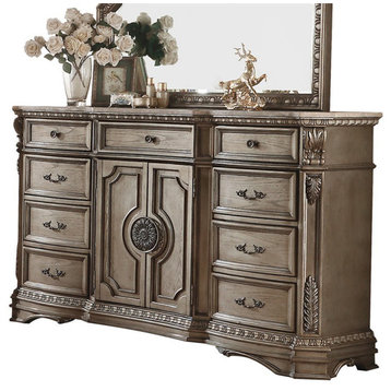 Bowery Hill 9 Drawer Marble Top Dresser in Antique Silver