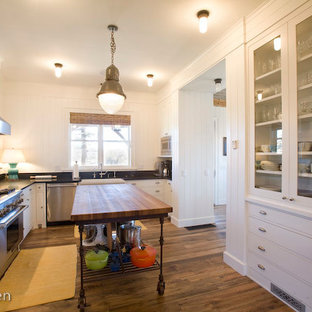 Mid-sized traditional kitchen pantry photos - Example of a mid-sized classic l-shaped dark wood floor kitchen pantry design in Denver with flat-panel cabinets, white cabinets, white backsplash, wood backsplash, stainless steel appliances and an island