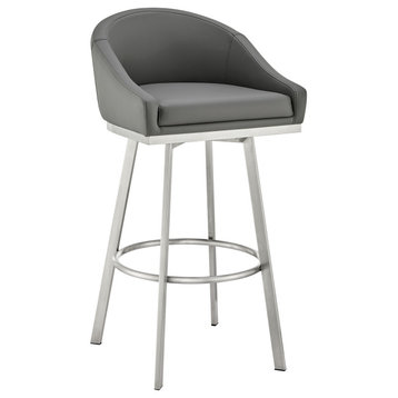 Noran Swivel Bar Stool, Brushed Stainless Steel With Gray Faux Leather