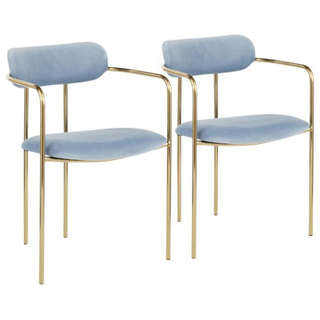 Demi Contemporary Chair in Gold Metal and Light Blue Velvet, Set of 2