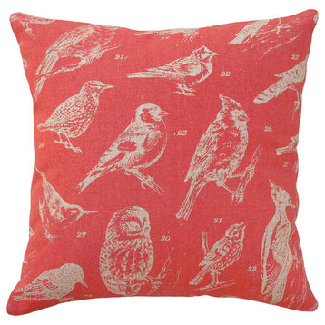 Bird Watch Printed Linen Pillow With Feather-Down Insert, Coral Red
