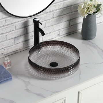 Diamond Shape Crystal Glass Bathroom Sink, Transparent Gradient Black-Grey