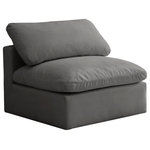 Meridian Furniture - Plush Velvet / Down Standard Comfort Modular Chair, Gray, Armless Chair - No matter how big or little the size of your gang, they can all find their sweet spot when you choose pieces from the Plush collection to build your ideal seating group. Choose this individual Plush piece or pair multiple pieces together to get the custom look everyone will love. The soft grey velvet material is soft and welcoming to the touch, and the set's cushions are overstuffed with a down and feather blend to provide ample support for tired bodies.