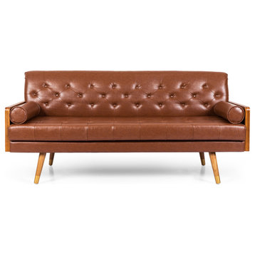 Neil Tufted Sofa With Rolled Accent Pillows, Cognac Brown, Dark Walnut, Gold
