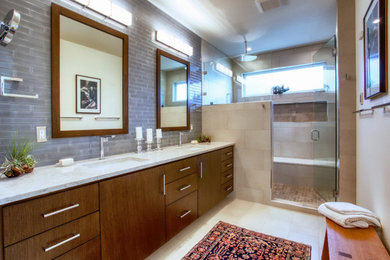 Large trendy master gray tile and subway tile porcelain tile, beige floor and double-sink alcove shower photo in Portland with flat-panel cabinets, medium tone wood cabinets, beige walls, an undermount sink, quartz countertops, a hinged shower door, white countertops, a niche and a floating vanity