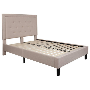 Contemporary Full Bed Frame, Wooden Slats & Button Tufted Headboard, Beige