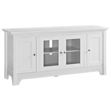 Transitional TV Stand, 2 Wood Doors and 2 Glass Doors With Inner Shelves, White