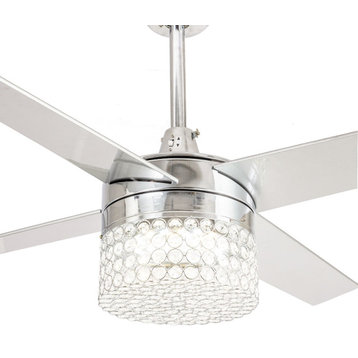 48 Modern Crystal Chandelier Ceiling Fan With LED Light, 4 Blades, Chrome