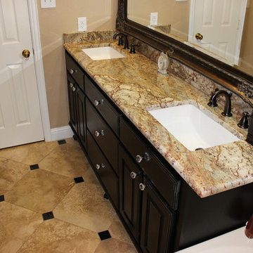 Master Bathroom Travertine, Pebble and Glass