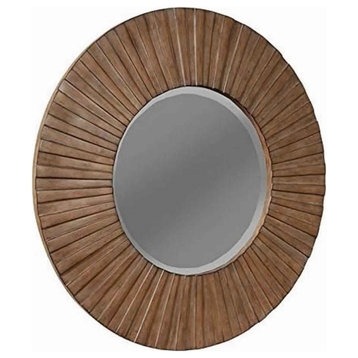 Transitional Sunburst Round Mirror With Wooden Frame, Brown
