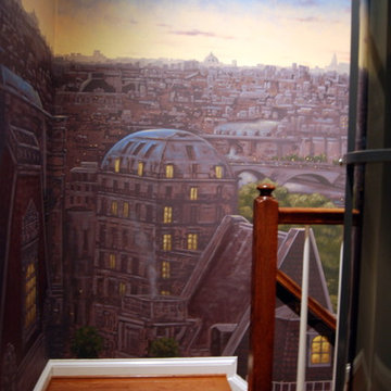 Paris Panorama 360 degree Mural hand painted throughout a 17 foot stairway