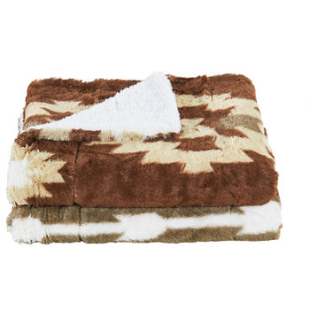 Southwest Faux Fur & Sherpa Backing Throw Blanket, Coffee, 60" X 80"