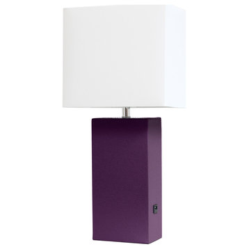Elegant Designs  Leather Table Lamp with USB and White Fabric Shade, Eggplant