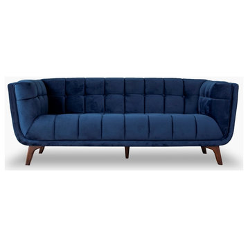 Pemberly Row Transitional Velvet Tufted Back Sofa in Blue/Walnut