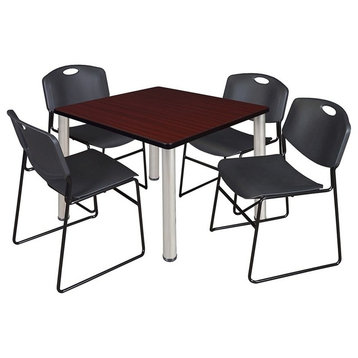 Kee 36" Square Breakroom Table, Mahogany/ Chrome and 4 Zeng Stack Chairs, Black
