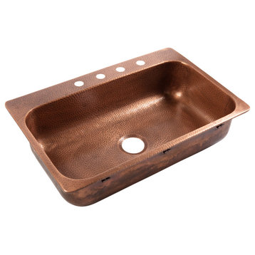 Angelico Copper 33" Single Bowl Drop-In Kitchen Sink with 4 Holes