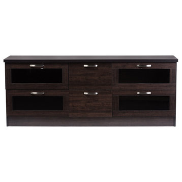 Adelino Wood TV Cabinet With 4 Glass Doors and 2 Drawers, Dark Brown, 63"