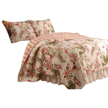 Atlanta Fabric 3 Piece Queen Size Quilt Set With Butterfly Print, Multicolor
