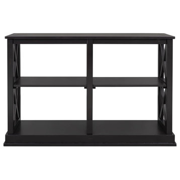 Farmhouse Console Table, Crossed Sides With Open Shelves & Large Top, Black