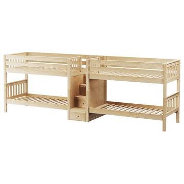 Melrose Quadruple Bunk Bed with Stairs, Natural, Twin Size, Bunk Bed Only