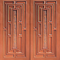 Prehung Double Door, Center Hand Carved Panel in Mahogany - Front Doors