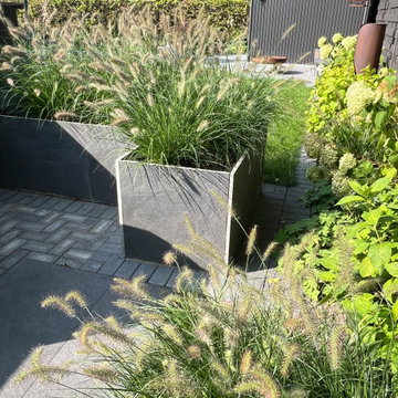 Moderner Garten mit Naturpool und Holzdeck