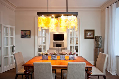 Inspiration for a mid-sized separate dining room in Moscow with white walls and dark hardwood floors.