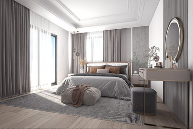 Diseño de dormitorio principal y blanco y madera moderno de tamaño medio sin chimenea con paredes blancas, suelo de madera en tonos medios, suelo marrón y madera