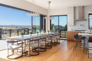 Example of a large trendy light wood floor kitchen/dining room combo design in Denver