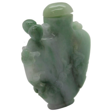 Carved Chinese Green Jade Snuff Bottle With Luyi, Money And Lucky Bat