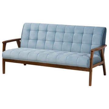Westings Light Blue Velvet Fabric Walnut Wood Sofa