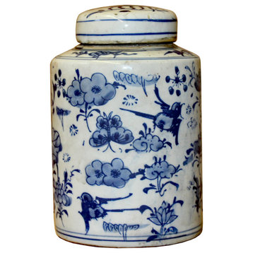 Chinese Blue White Ceramic Oriental Graphic Container Urn Jar Hws837