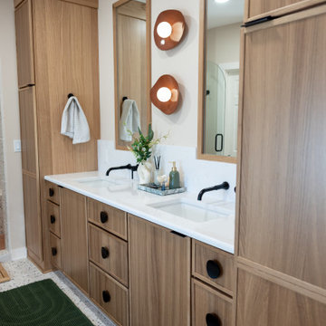 Primary & Guest Bathroom Remodel with Improved Layout and Heated Terrazzo Floors