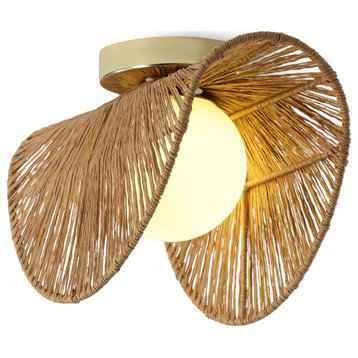 Sovev 1-Light Flush Mount or Wall Sconce, Frosted Glass Globe and Rattan Shade