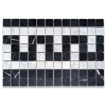 Carrara White Marble Greek Key Mosaic Border Listello Tile Black, 1 sheet