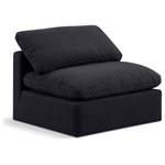 Meridian Furniture - Indulge Upholstered Modular Chair, Black, Down Stuffed Linen Textured Fabric, Armless Chair - Experience ultimate comfort and style with our black linen textured fabric Indulge Armless Chair. The luxurious linen texture of the fabric will elevate the aesthetic of any room. This chair provides ample space for you to relax while its modular build offers the option of unlimited configurations. Whether you're looking to add a stylish element to your living room or a comfortable seating option to your bedroom, this chair is the perfect choice.
