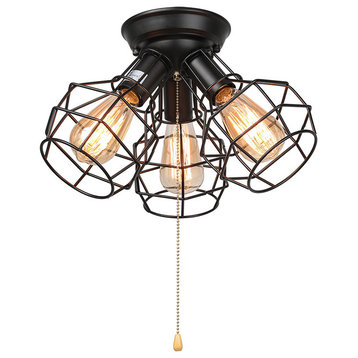 LNC Wire Cage Ceiling Lights, 3-Light Pull String Ceiling Lamp, Black Finish